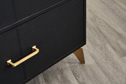 Berkeley Leather Nightstand black close detail brass handle and brass finish legs hardwood floor 