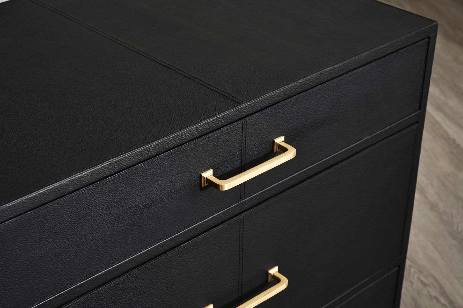 Berkeley Leather Nightstand black genuine leather wrap angled top view brass handles close
