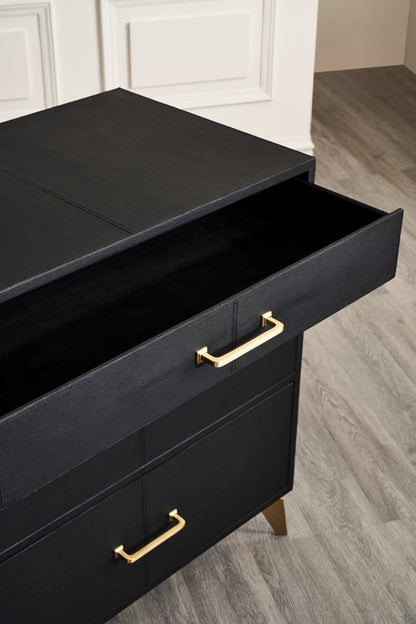 Berkeley Leather Nightstand black open top drawer soft-close mechanism brass handle detail