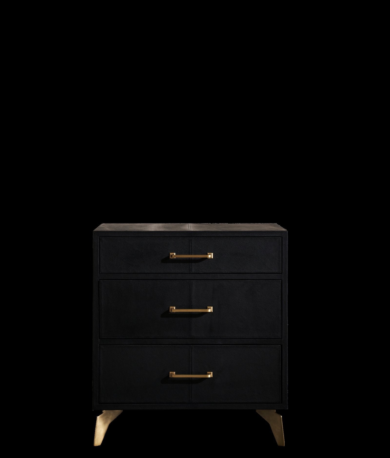 Berkeley Leather Nightstand black three drawer front view black background brass legs 