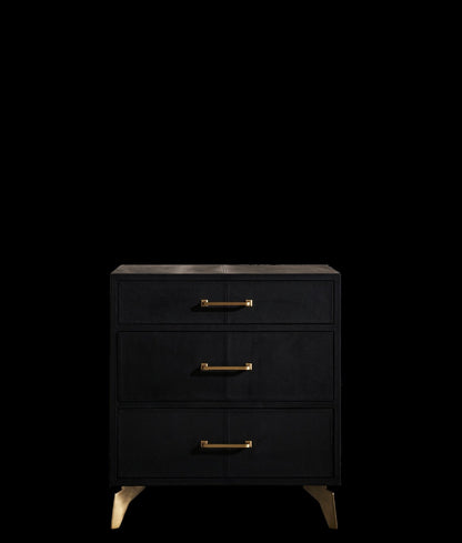 Berkeley Leather Nightstand black three drawer front view black background brass legs 