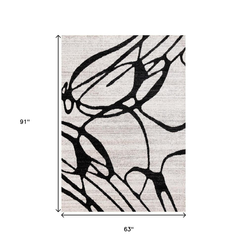 Black and gray abstract area rug 5 x 8 foot size diagram showing full pattern layout with dimension measurements 63 by 91 inches