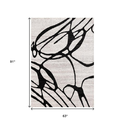 Black and gray abstract area rug 5 x 8 foot size diagram showing full pattern layout with dimension measurements 63 by 91 inches