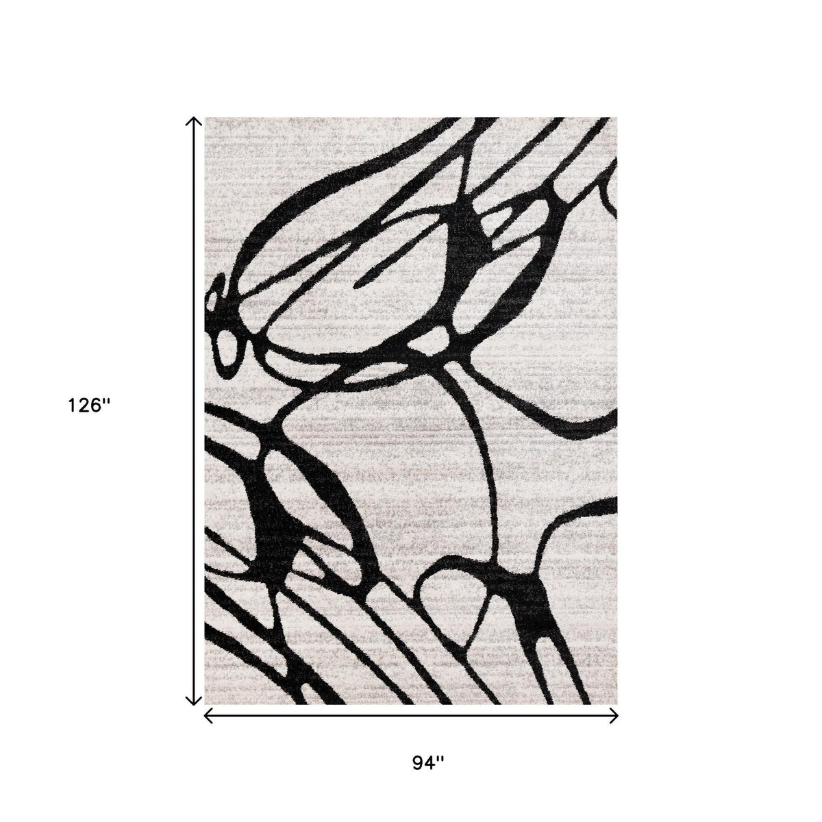 Black and gray abstract area rug 8 x 11 foot size diagram showing full pattern layout with dimension measurements 94 by 126 inches