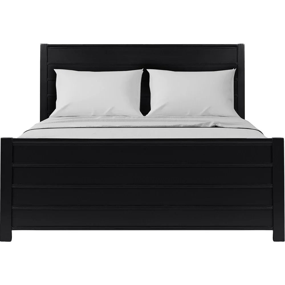 Symmetrical front view of the black solid wood king bed highlighting the modern horizontal panel design on the headboard and footboard.