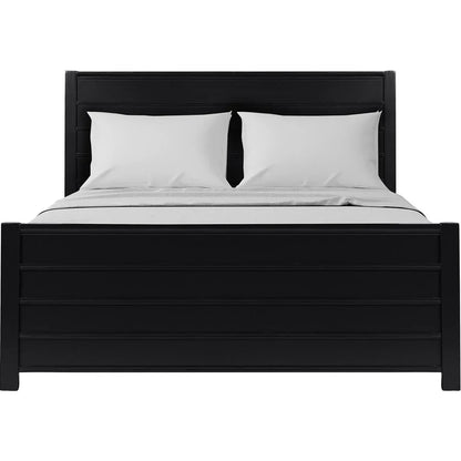 Symmetrical front view of the black solid wood king bed highlighting the modern horizontal panel design on the headboard and footboard.