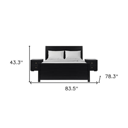 Technical dimension guide for the black solid wood king bed set showing height, width, and depth measurements for master suite planning.