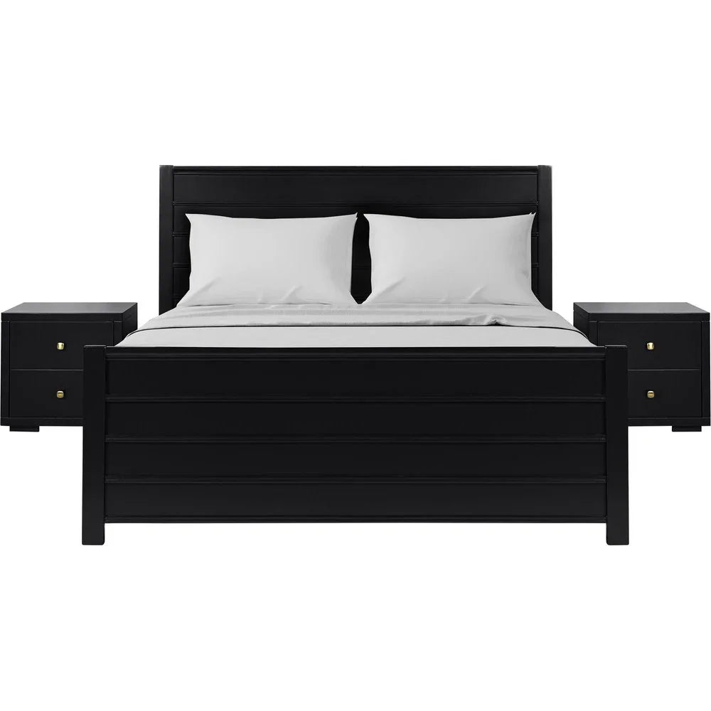 Symmetrical front view of a black solid wood king bedroom set featuring the paneled headboard, footboard, and two matching nightstands.