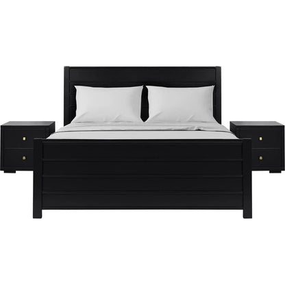 Symmetrical front view of a black solid wood king bedroom set featuring the paneled headboard, footboard, and two matching nightstands.