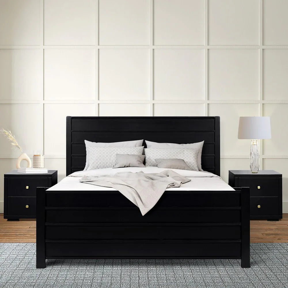 Complete three-piece black solid wood king bed set featuring a horizontal paneled headboard and two matching storage nightstands.