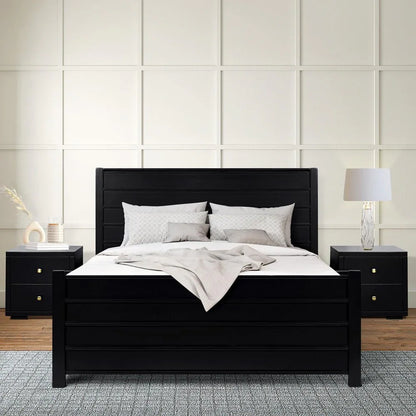 Complete three-piece black solid wood king bed set featuring a horizontal paneled headboard and two matching storage nightstands.