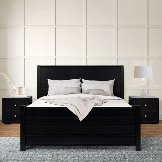 Complete three-piece black solid wood king bed set featuring a horizontal paneled headboard and two matching storage nightstands.