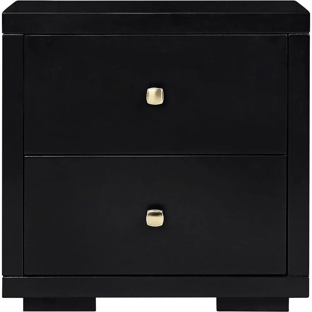 Close-up view of a black solid wood nightstand featuring two storage drawers and elegant gold-finished square knobs.