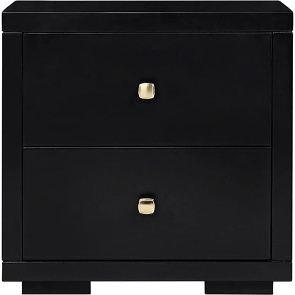 Close-up view of a black solid wood nightstand featuring two storage drawers and elegant gold-finished square knobs.