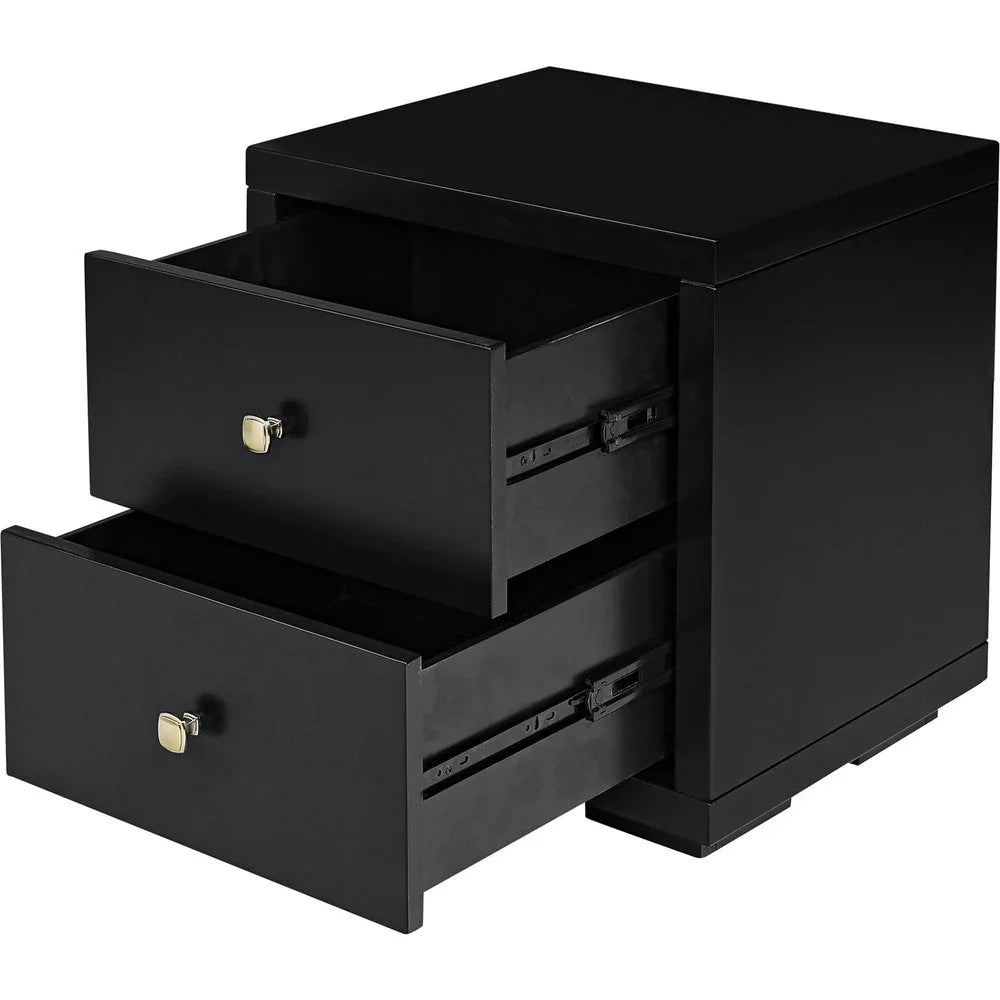 Functional view of the black solid wood nightstand with both drawers open showing the smooth metal glides and spacious interior storage.