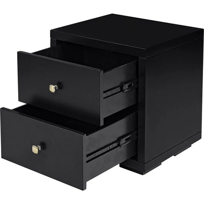 Functional view of the black solid wood nightstand with both drawers open showing the smooth metal glides and spacious interior storage.
