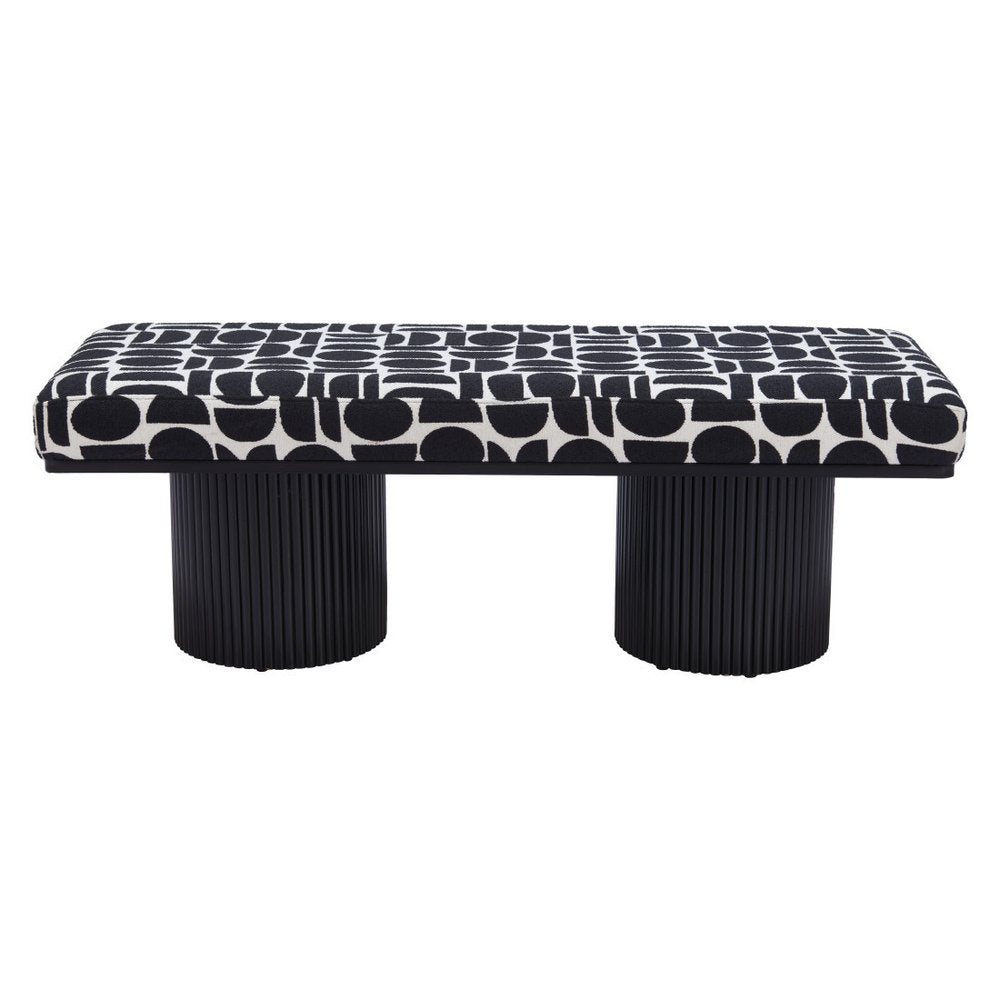 Full front view of black and white geometric upholstered bench with dual ribbed black cylindrical pedestal legs on white background