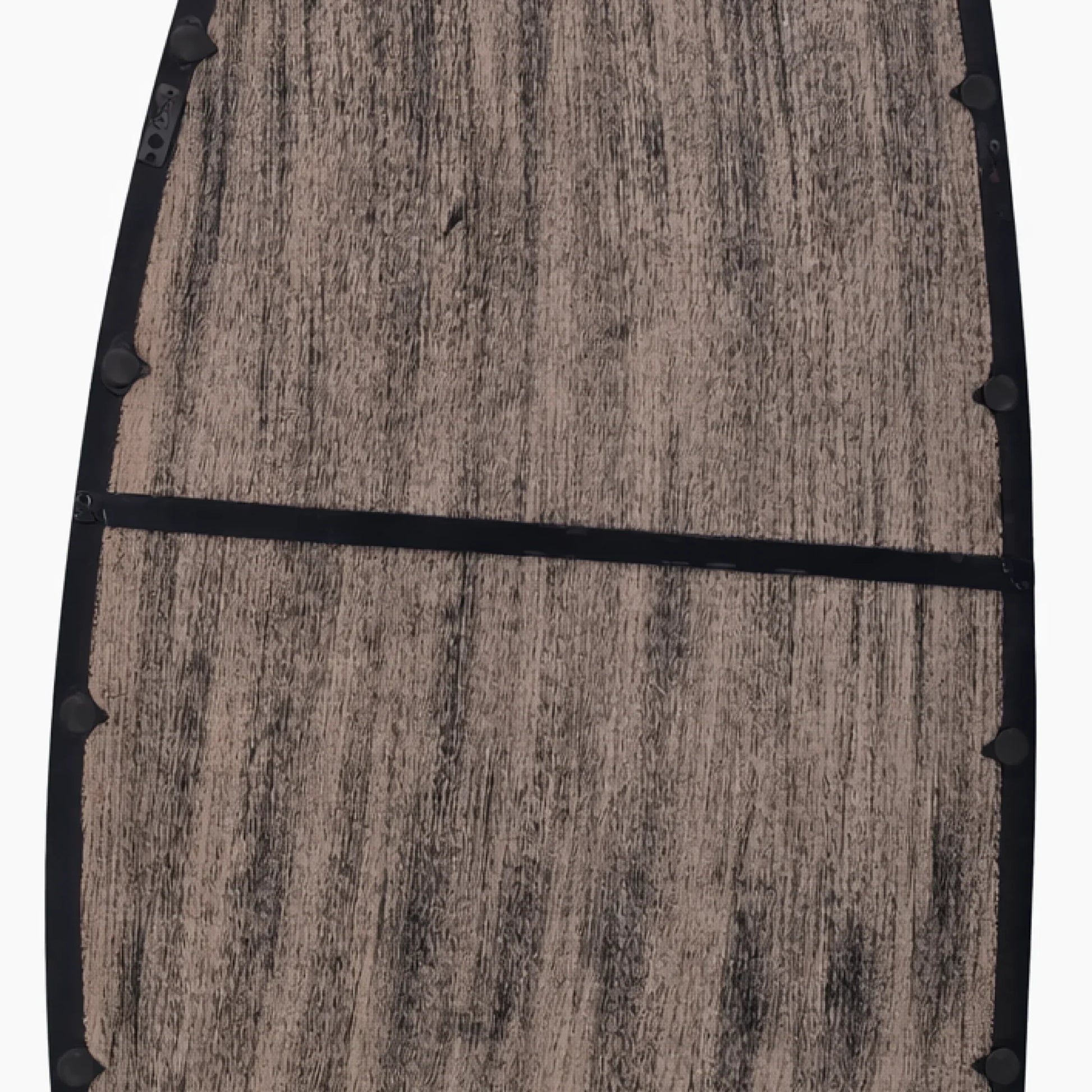 Close-up of blackwash mango wood wall mirror back panel showing natural wood grain texture and black frame hardware detail

