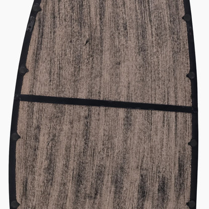 Close-up of blackwash mango wood wall mirror back panel showing natural wood grain texture and black frame hardware detail

