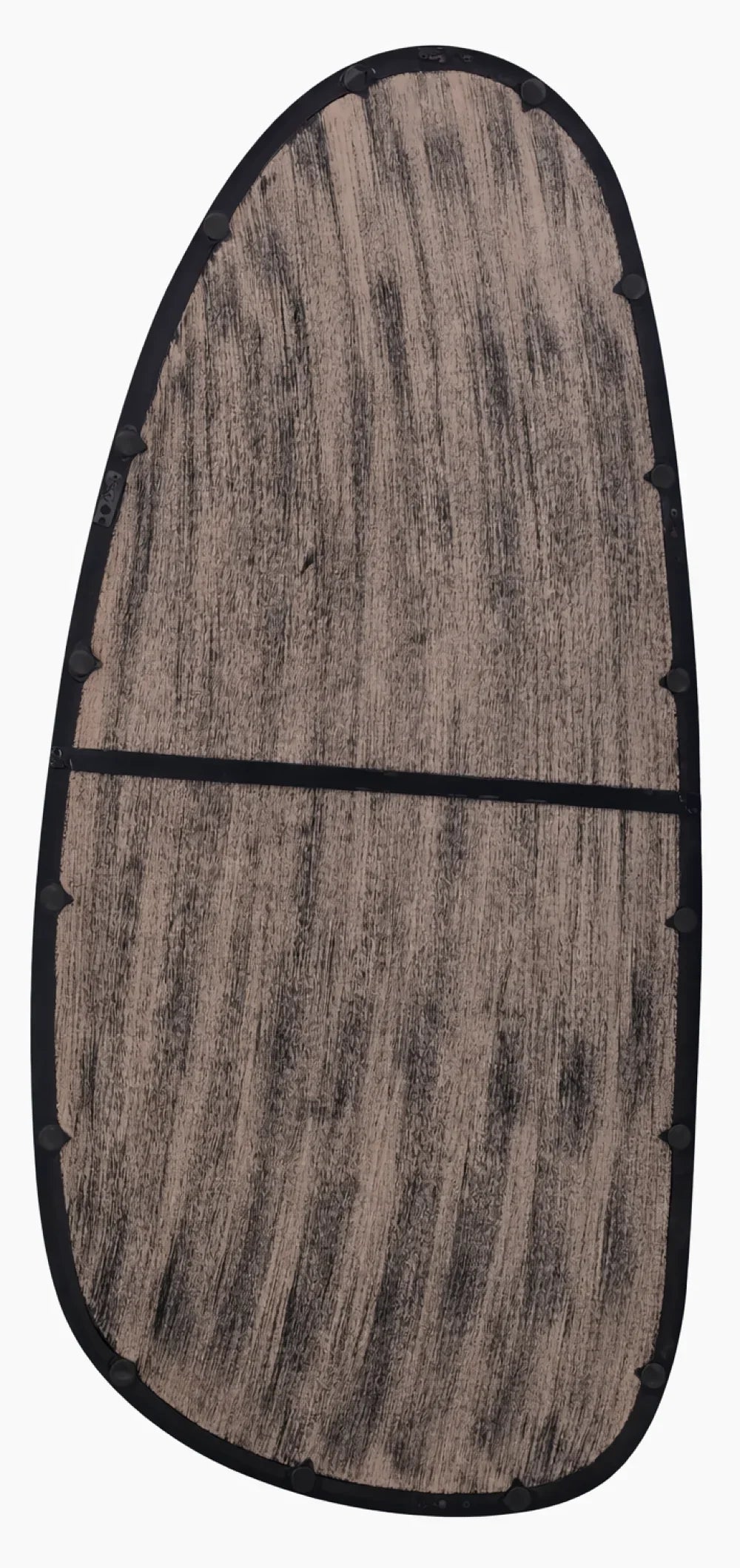 Back view of blackwash mango wood wall mirror showing natural wood grain texture and blackwash finish on irregular organic frame

