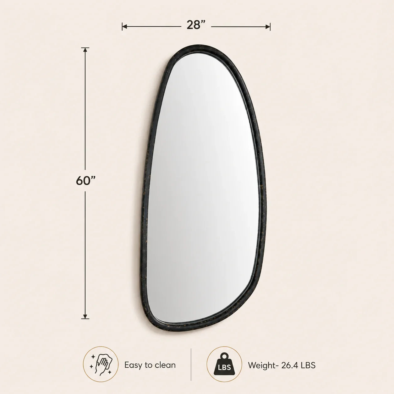 Blackwash mango wood wall mirror dimensions showing 28 inches wide and 60 inches high with weight of 26.4 pounds

