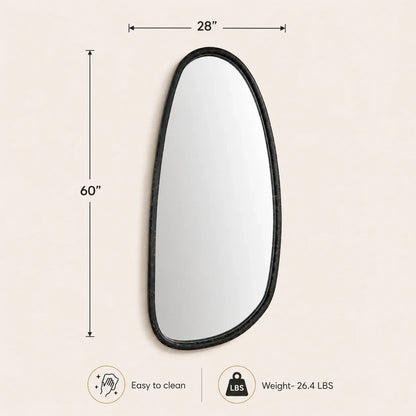 Blackwash mango wood wall mirror dimensions showing 28 inches wide and 60 inches high with weight of 26.4 pounds


