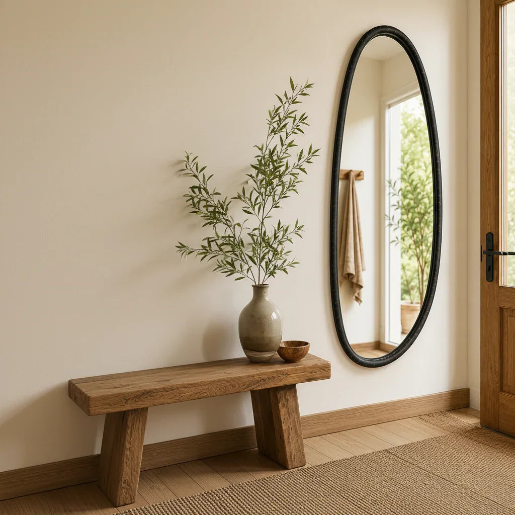 Blackwash mango wood wall mirror styled in a warm entryway beside a rustic wood bench and ceramic vase with olive branches

