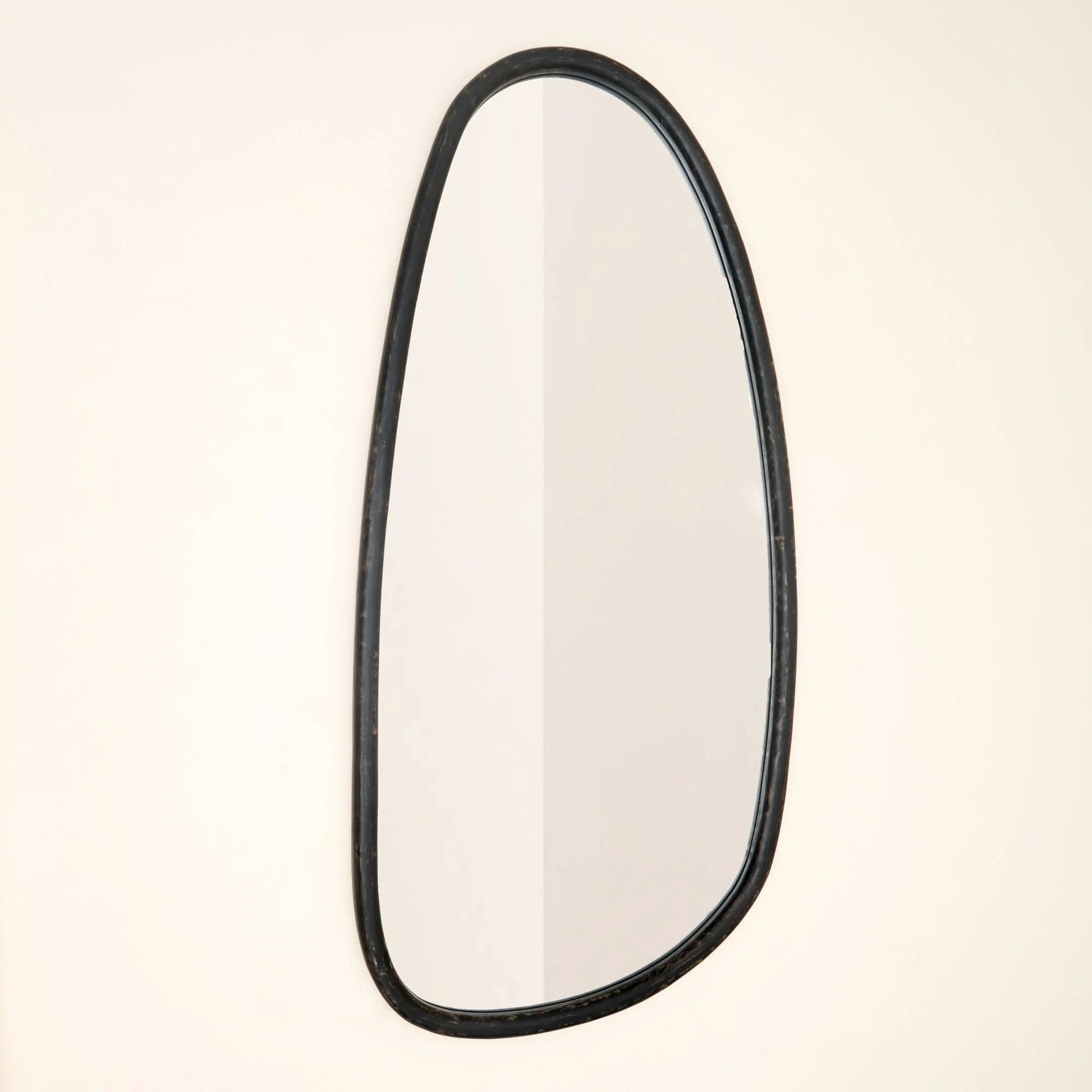 Blackwash mango wood wall mirror with irregular organic silhouette and handcrafted black frame against a neutral wall

