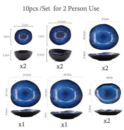 Detailed specifications for the 10-piece Blue European Porcelain Dinnerware Set for 2 people, including dimensions for dark blue glazed bowls and egg shaped porcelain plates.