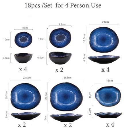 Specifications for the 18-piece Blue European Porcelain Dinnerware Set for 4 people, detailing quantities and dimensions for dark blue glazed bowls and egg shaped porcelain plates.