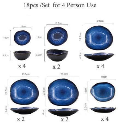 Specifications for the 18-piece Blue European Porcelain Dinnerware Set for 4 people, detailing quantities and dimensions for dark blue glazed bowls and egg shaped porcelain plates.
