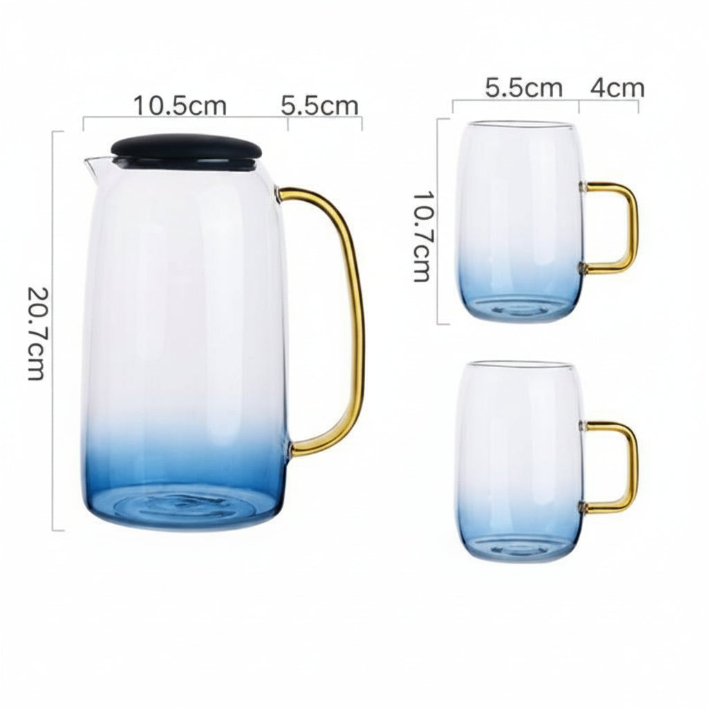 Blue gradient glass carafe with gold handle and two matching cups with dimension measurements on white background