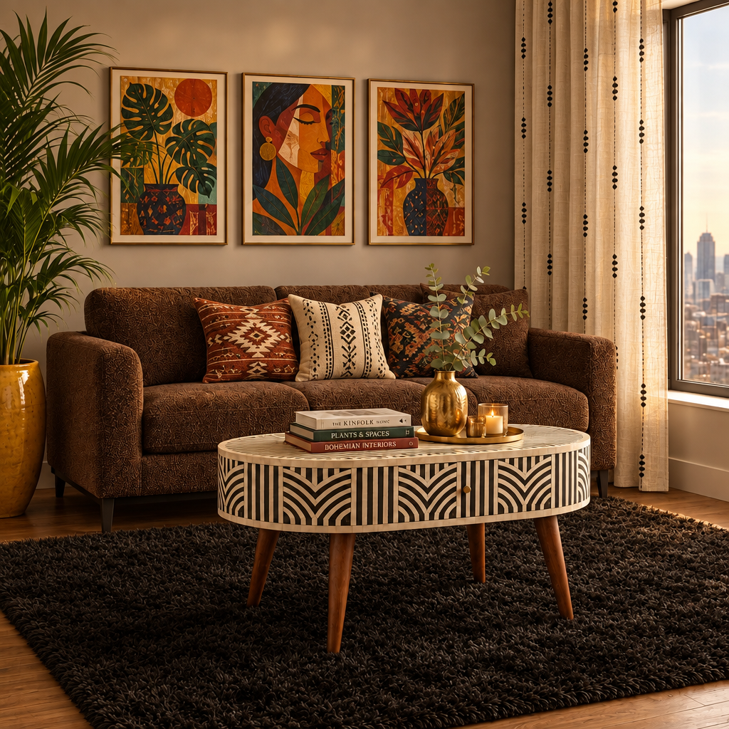 Oval bone inlay coffee table with black, bone, and oak geometric inlay and tapered wood legs styled on a black shag rug in a living room