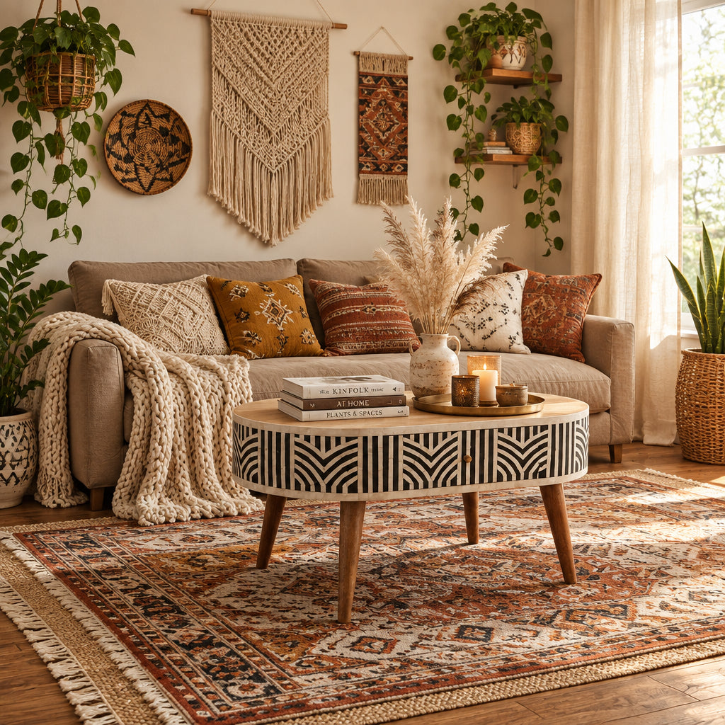 Oval bone inlay coffee table styled on a patterned terracotta rug in a boho living room with pampas grass, macrame wall hanging, and natural wood accents
