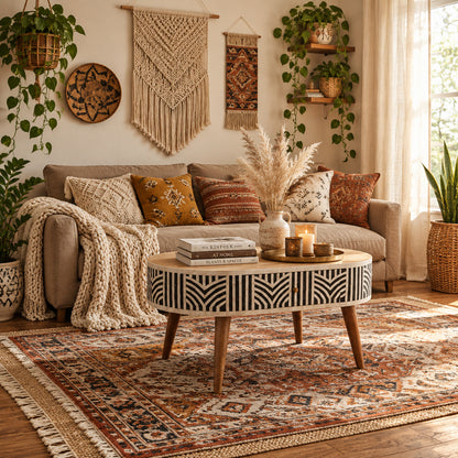 Oval bone inlay coffee table styled on a patterned terracotta rug in a boho living room with pampas grass, macrame wall hanging, and natural wood accents