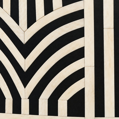 Extreme close-up of hand-cut bone inlay strips forming the chevron pattern on the Edessa bone inlay coffee table