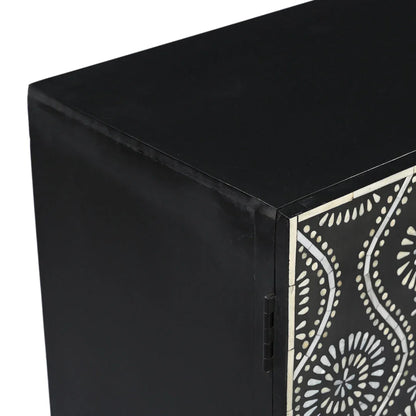 A close-up detailed view of the top corner of the Bone Inlay Storage Cabinet, highlighting the smooth black finish, durable side hinges, and precisely aligned inlay