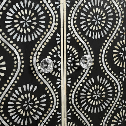 A detailed macro view of the sparkling crystal hardware knobs on the Bone Inlay Storage Cabinet, showcasing the precise texture of the floral inlay patterns.