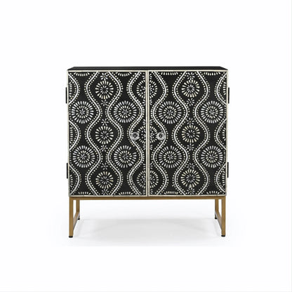 A close-up view of the intricate monochromatic pattern on the two doors of the Bone Inlay Storage Cabinet, highlighting the artisan craftsmanship.