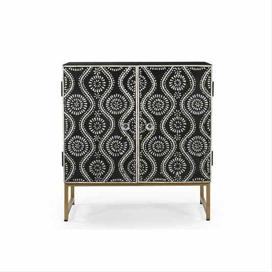 A close-up view of the intricate monochromatic pattern on the two doors of the Bone Inlay Storage Cabinet, highlighting the artisan craftsmanship.