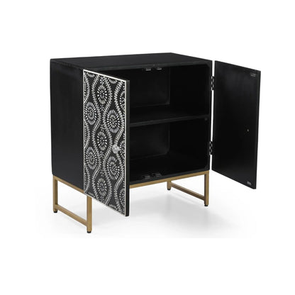 An angled interior view of the Bone Inlay Storage Cabinet with both black doors open, revealing the spacious two-tier storage compartment and the removable shelf.