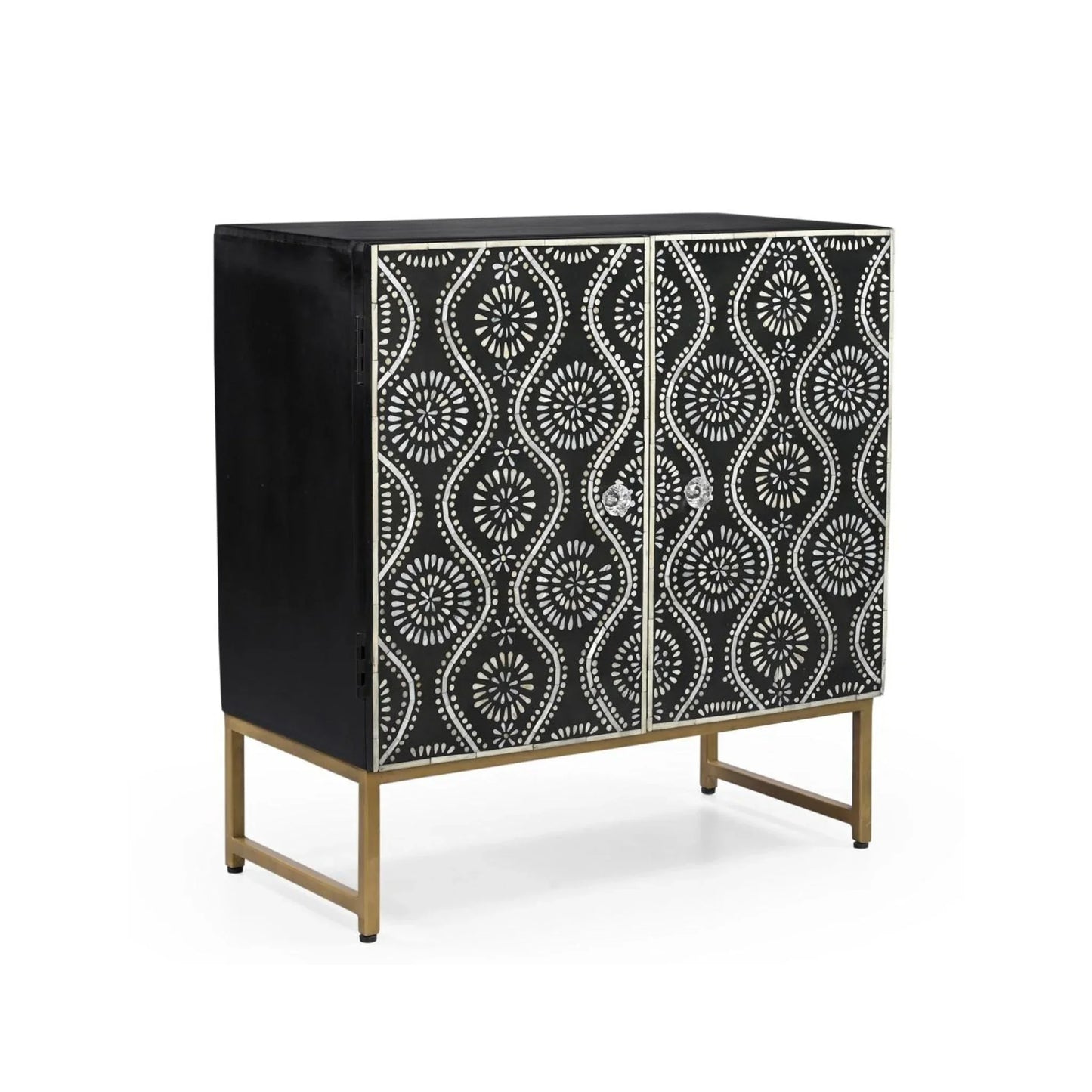 An angled side view of the Bone Inlay Storage Cabinet on a gold metal base, showcasing the contrast between the black solid wood sides and the patterned front doors.