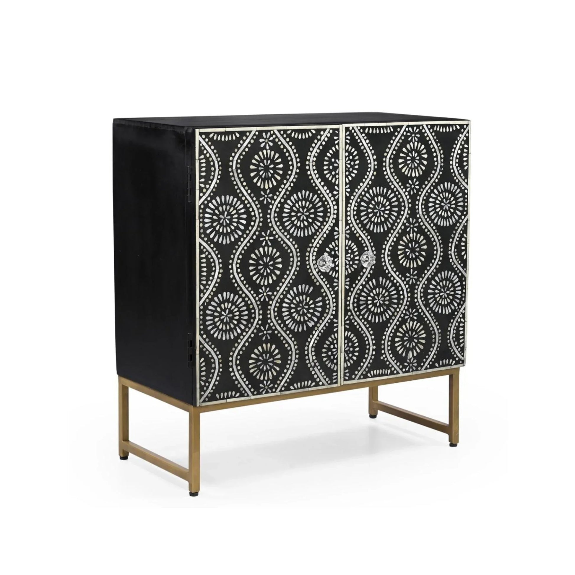 An angled side view of the Bone Inlay Storage Cabinet on a gold metal base, showcasing the contrast between the black solid wood sides and the patterned front doors.