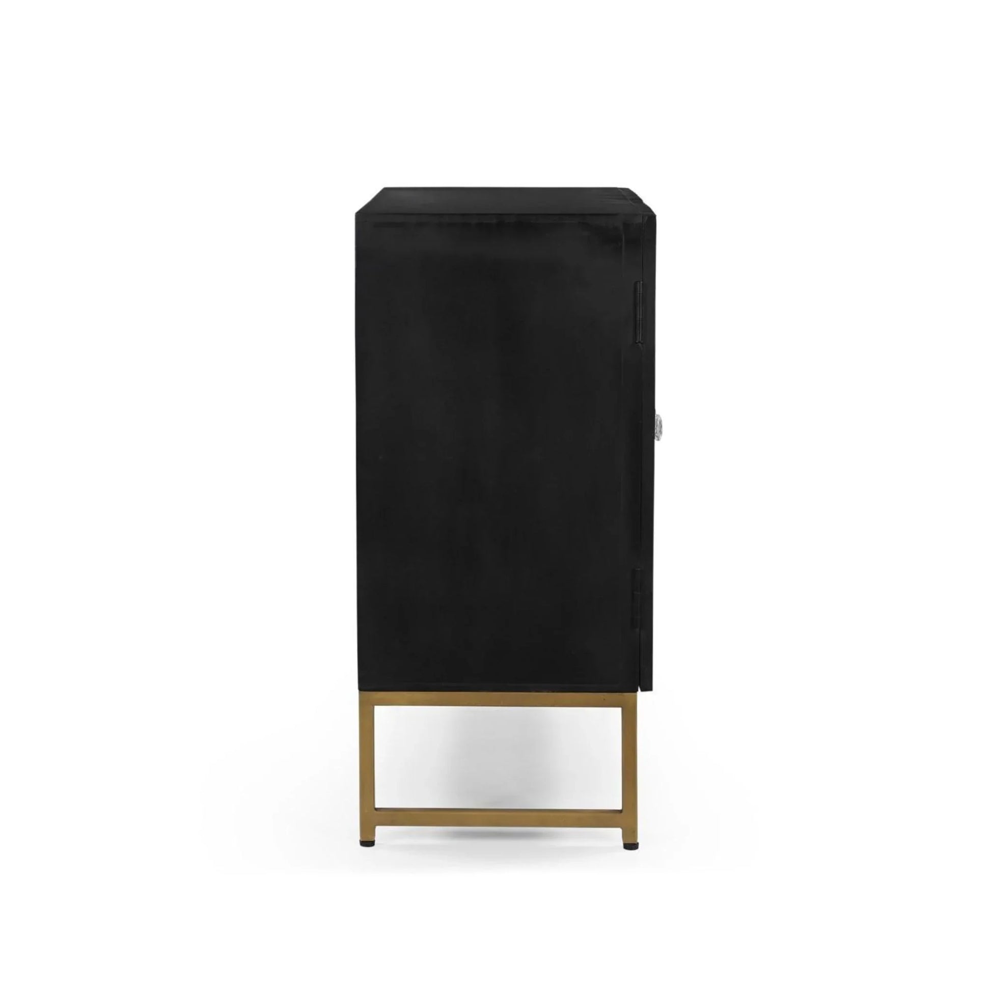 A direct side profile view of the Bone Inlay Storage Cabinet, highlighting its slim depth and structural alignment on the elevated gold metal base.