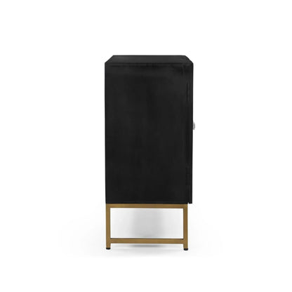 A direct side profile view of the Bone Inlay Storage Cabinet, highlighting its slim depth and structural alignment on the elevated gold metal base.