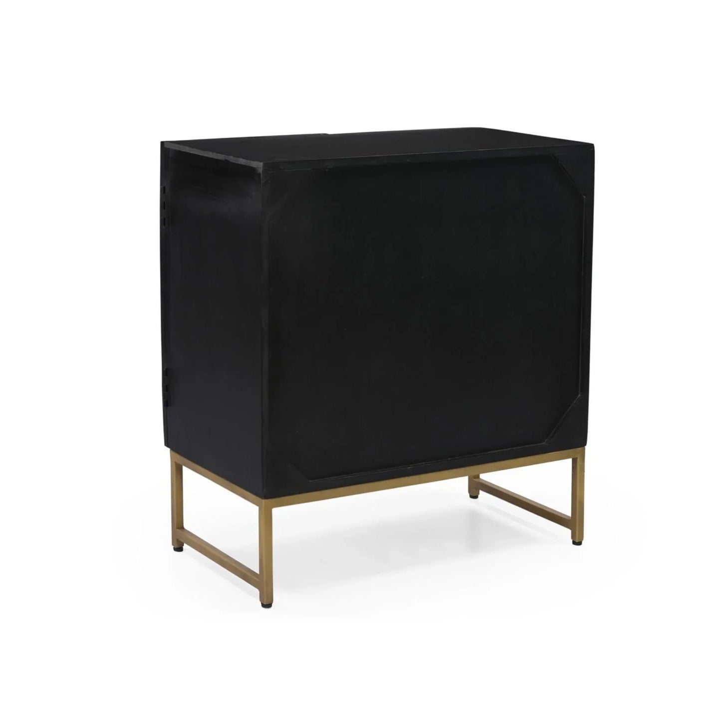 The finished, solid black back panel of the Bone Inlay Storage Cabinet, showing the clean, professional construction of the entire unit.