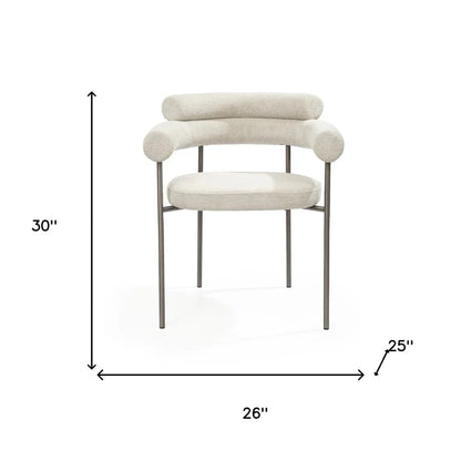 Dimension guide showing width, depth, and height for the light gray boucle dining arm chairs set of 2.