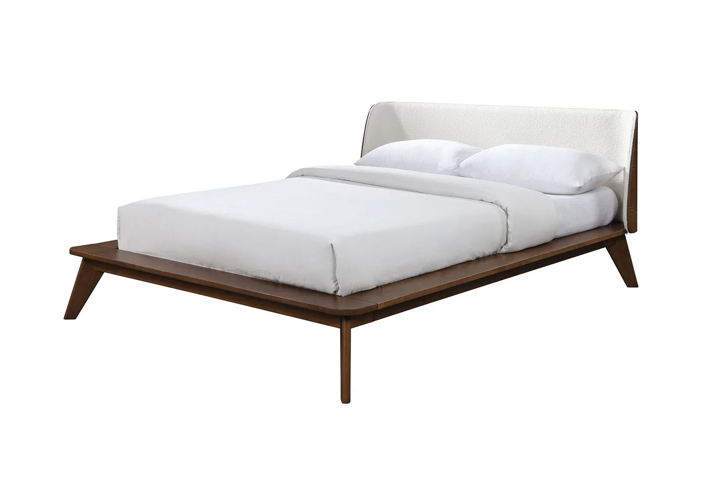 ​Profile view of a boucle platform bed frame highlighting the rich walnut wood grain finish and tapered angled accent leg