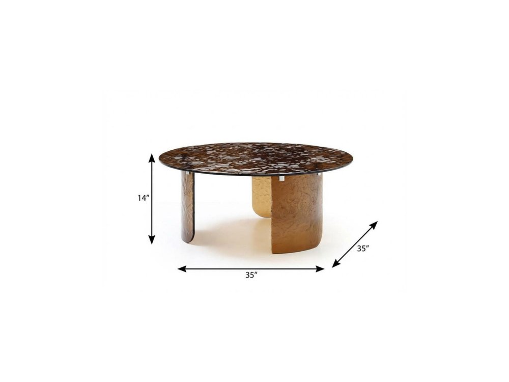 Bronze tempered glass round coffee table dimension diagram showing 35 inches wide, 35 inches deep, and 14 inches high on white background
