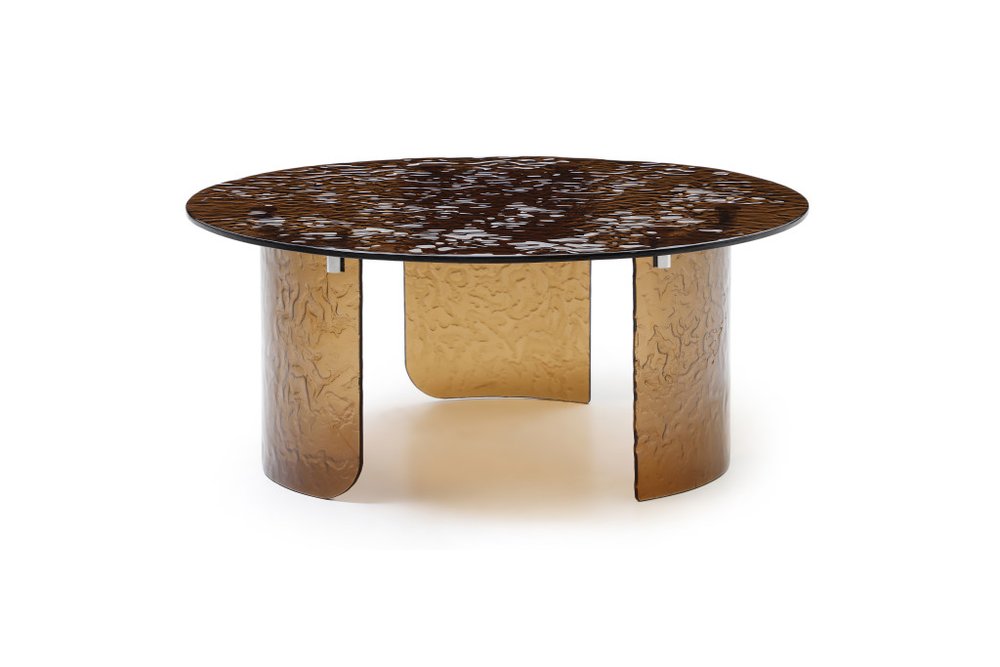 Bronze tempered glass round coffee table front view showing three curved bronze legs with rippled texture and dark tinted round glass top on white background